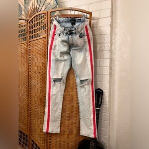 fashionable to stress acid, washed stylish jeans teenage youth